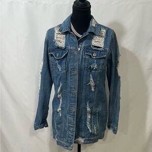 Ripped Blue Denim  Oversized Jacket for Women